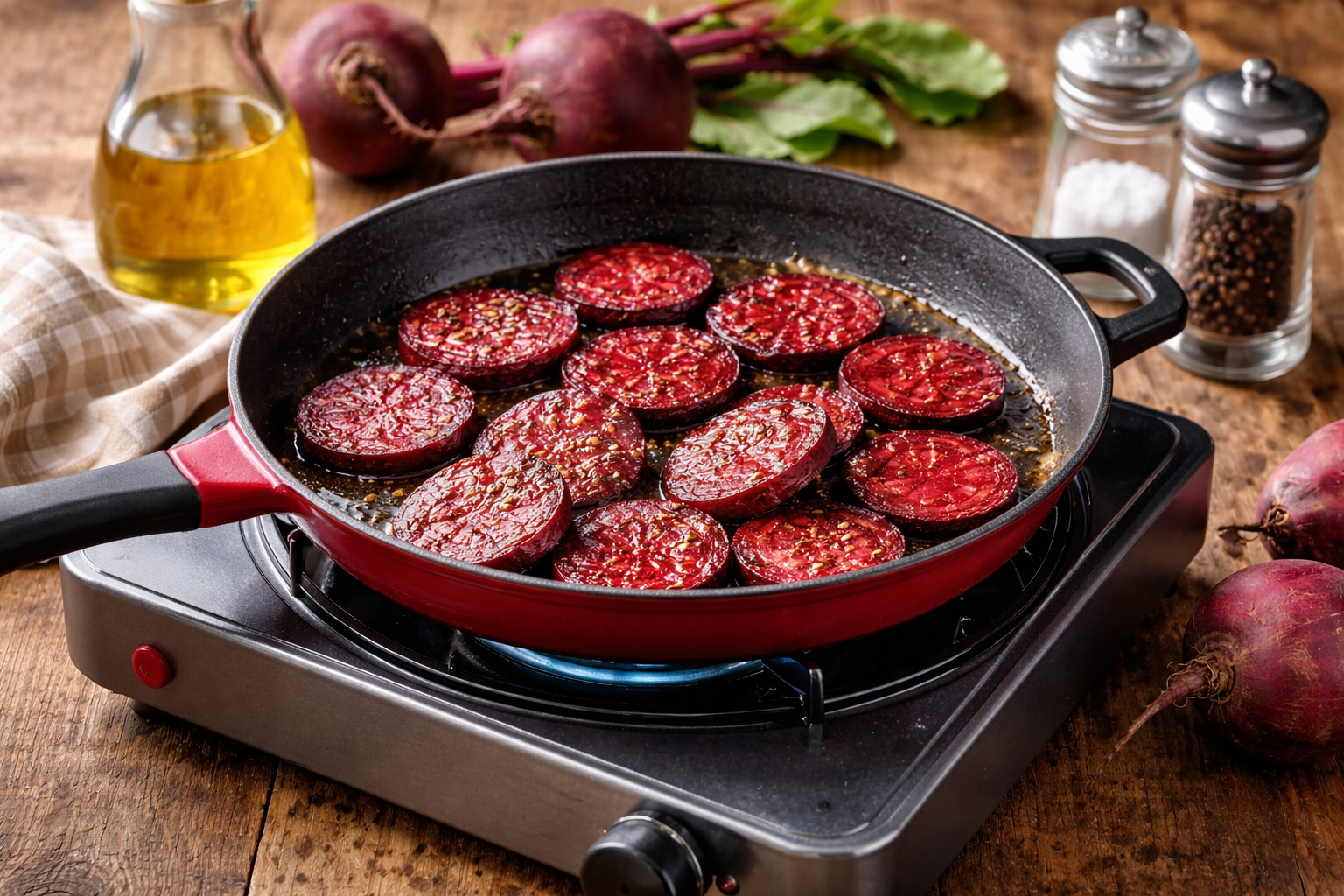 beterraba frita em rodelas na frigideira servida como acompanhamento