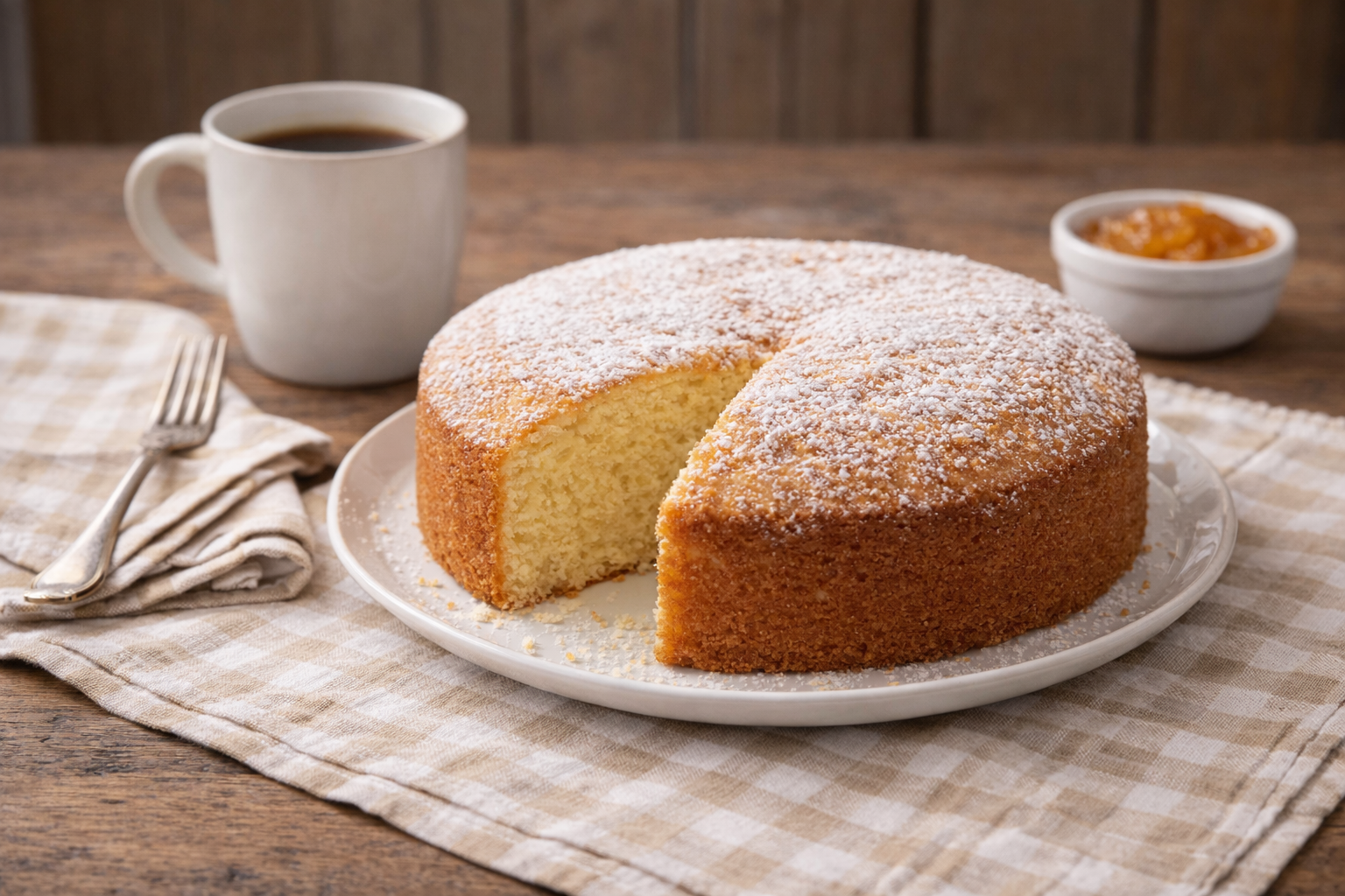 bolo caseiro simples polvilhado com açúcar sobre mesa de café com xícara.