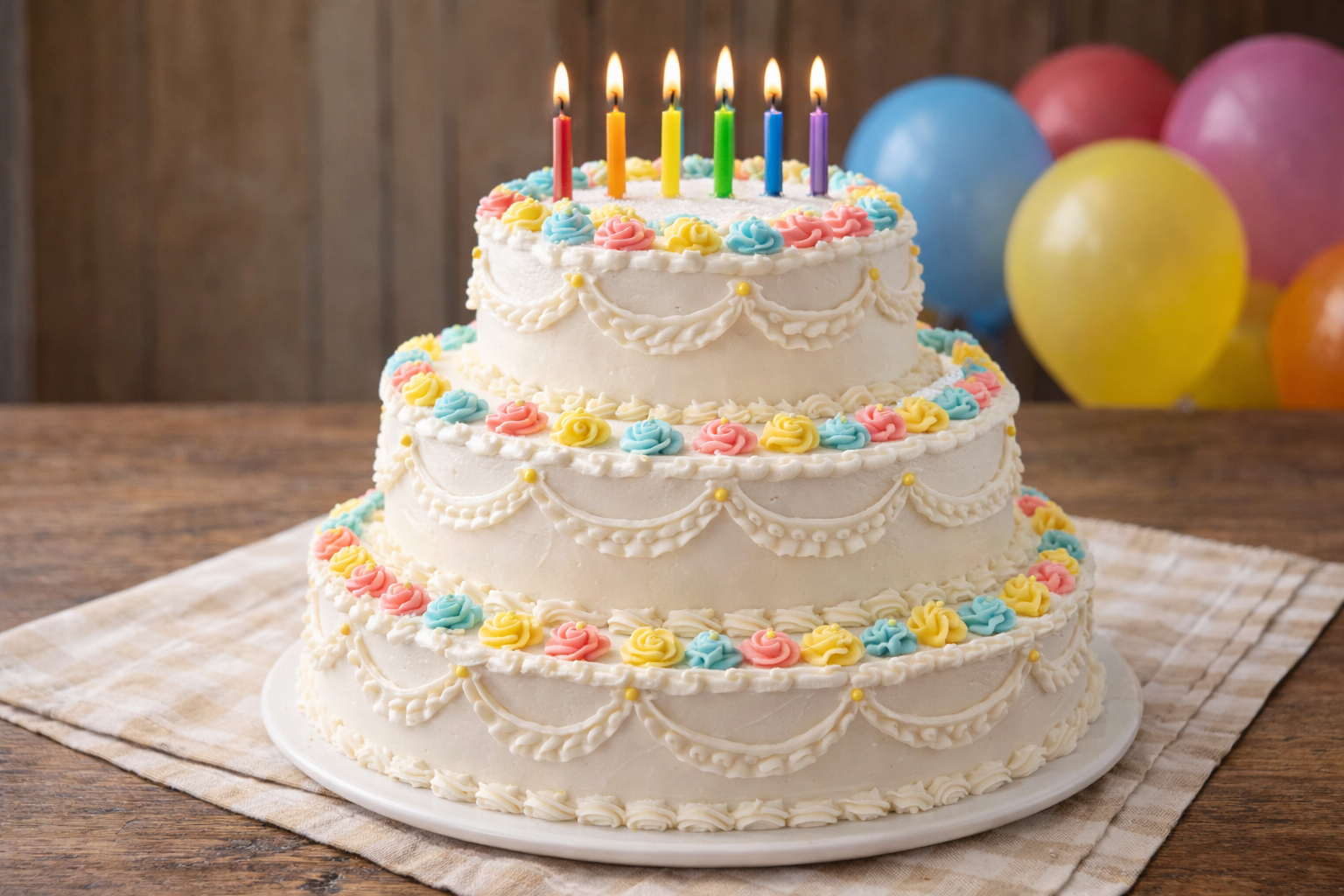 bolo de aniversário em camadas decorado com velas e flores de açúcar.