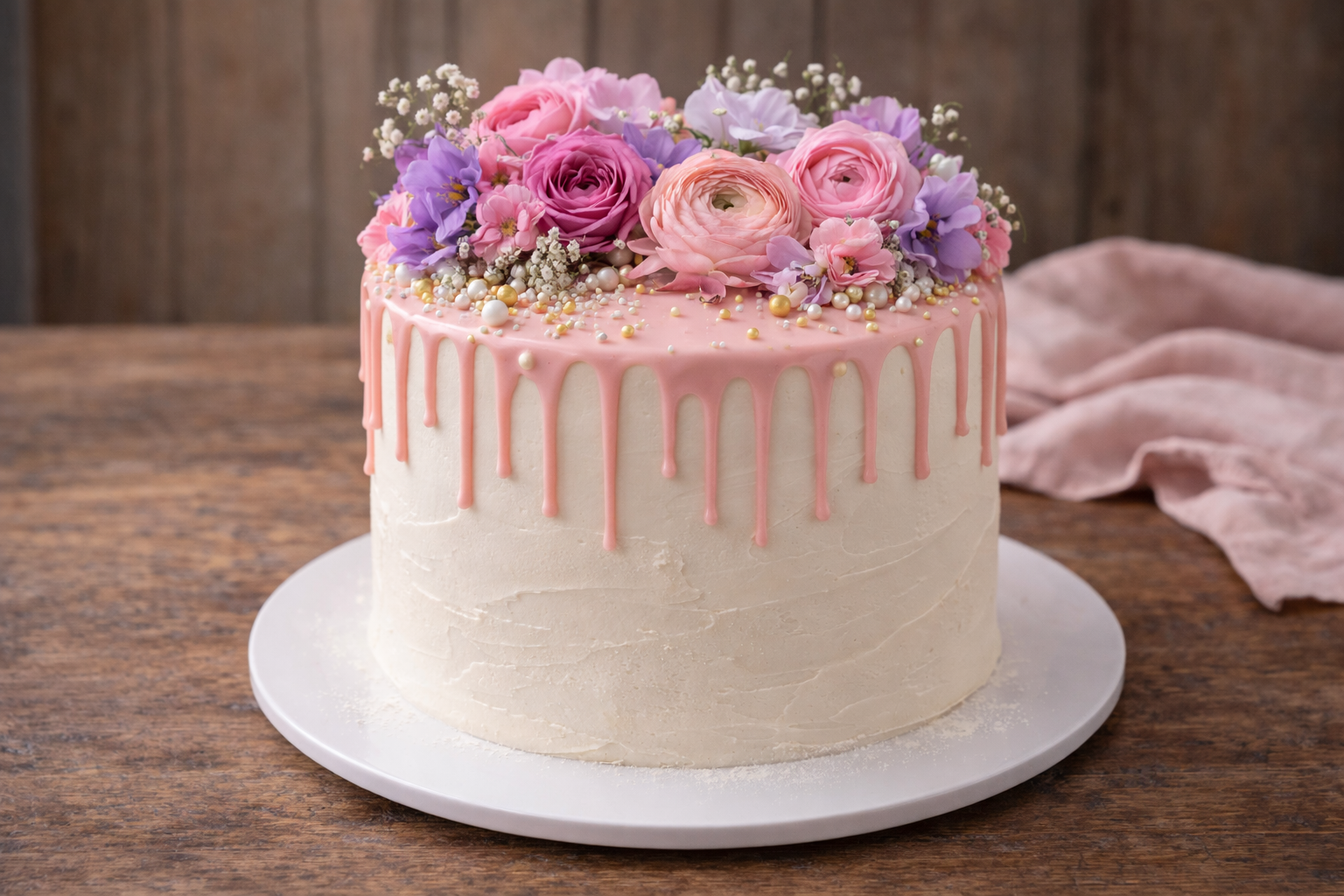 bolo moderno decorado com flores e cobertura estilo drip cake.