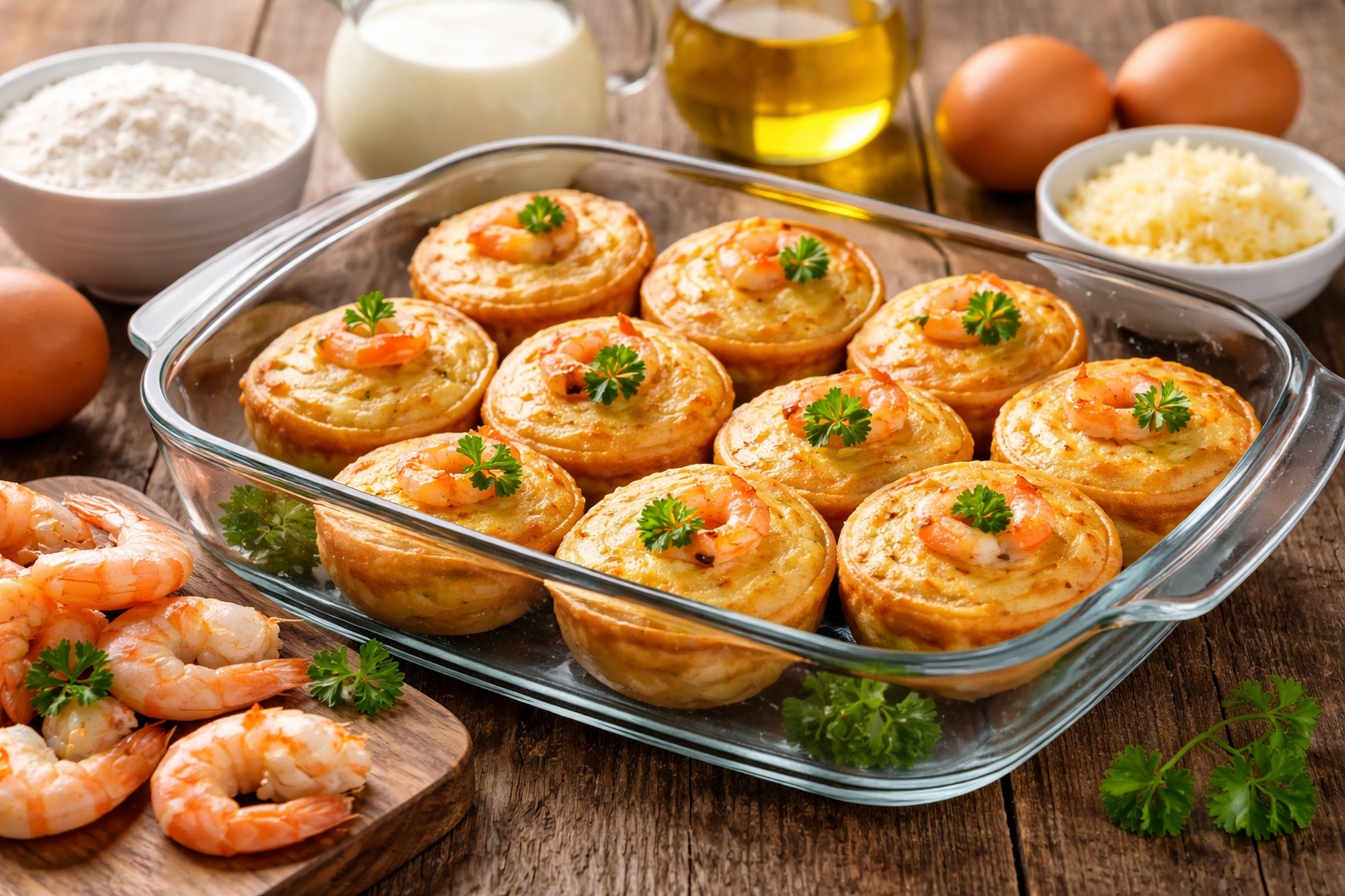 empadas de pingo com camarão assadas em refratário de vidro