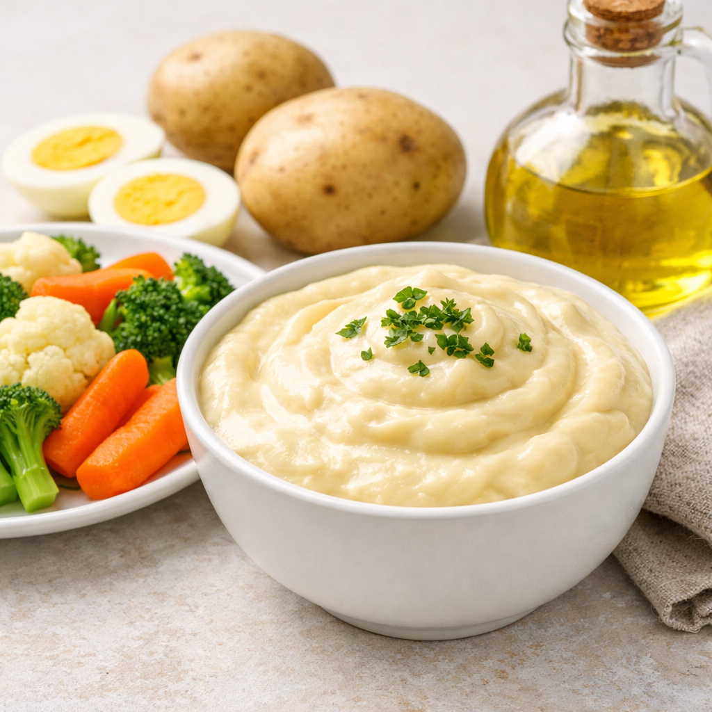 Maionese de batata caseira cremosa servida em tigela, receita simples feita no liquidificador